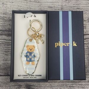 Piper K Teddy Bear Bag Charm Key Chain Gold Tone Cute NEW In Box Check